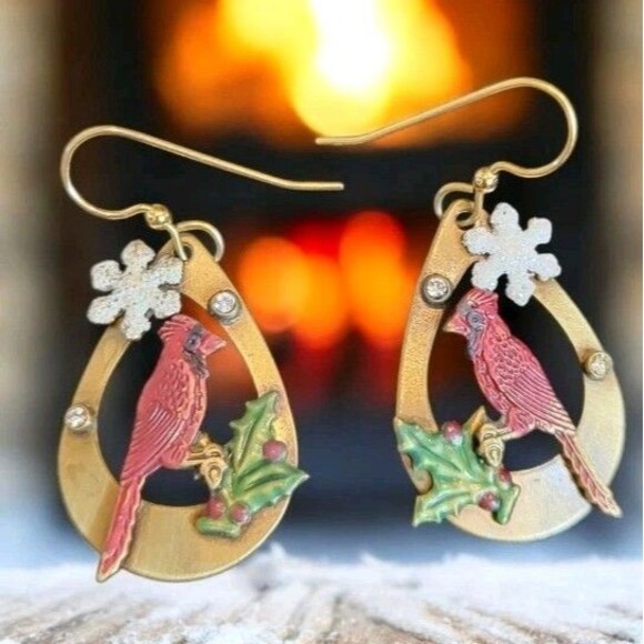 Red Cardinal Bird Christmas Winter Snowflake Holly Rhinestone Dangle Earrings - Picture 1 of 7